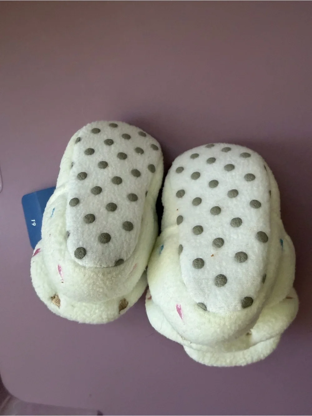Cream Baby Crib Shoes with Pink & Blue Hearts